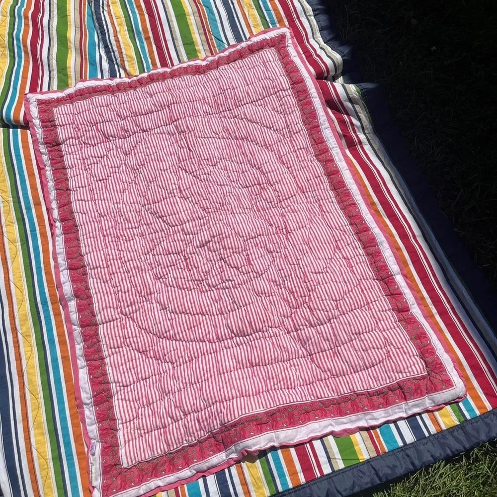 Roller Rabbit pink monkey baby quilt crib 50x38” reversible stripped comforter L